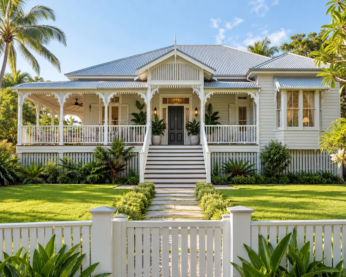 Illustration of a white Queenslander with a silver metal roof, front verandah and tropical garden, with the boxing kangaroo mascot in the foreground.